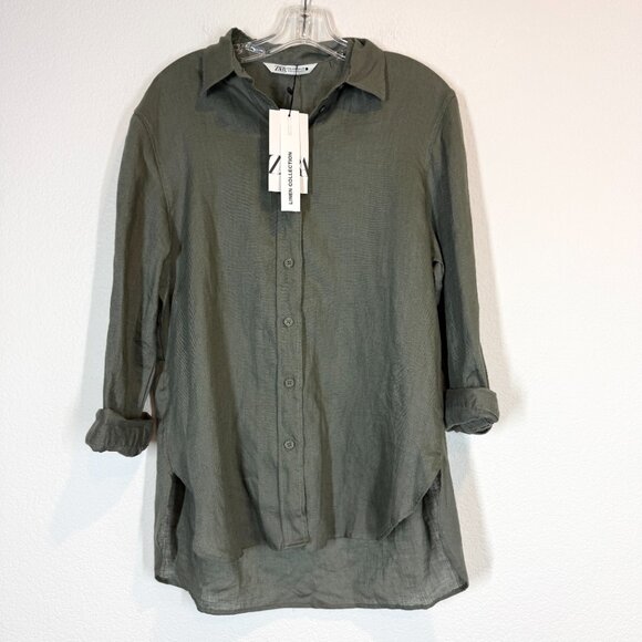 Zara Linen Collection Olive Green Shirt Tunic Button Down Oversized Vacation XS - Picture 2 of 12